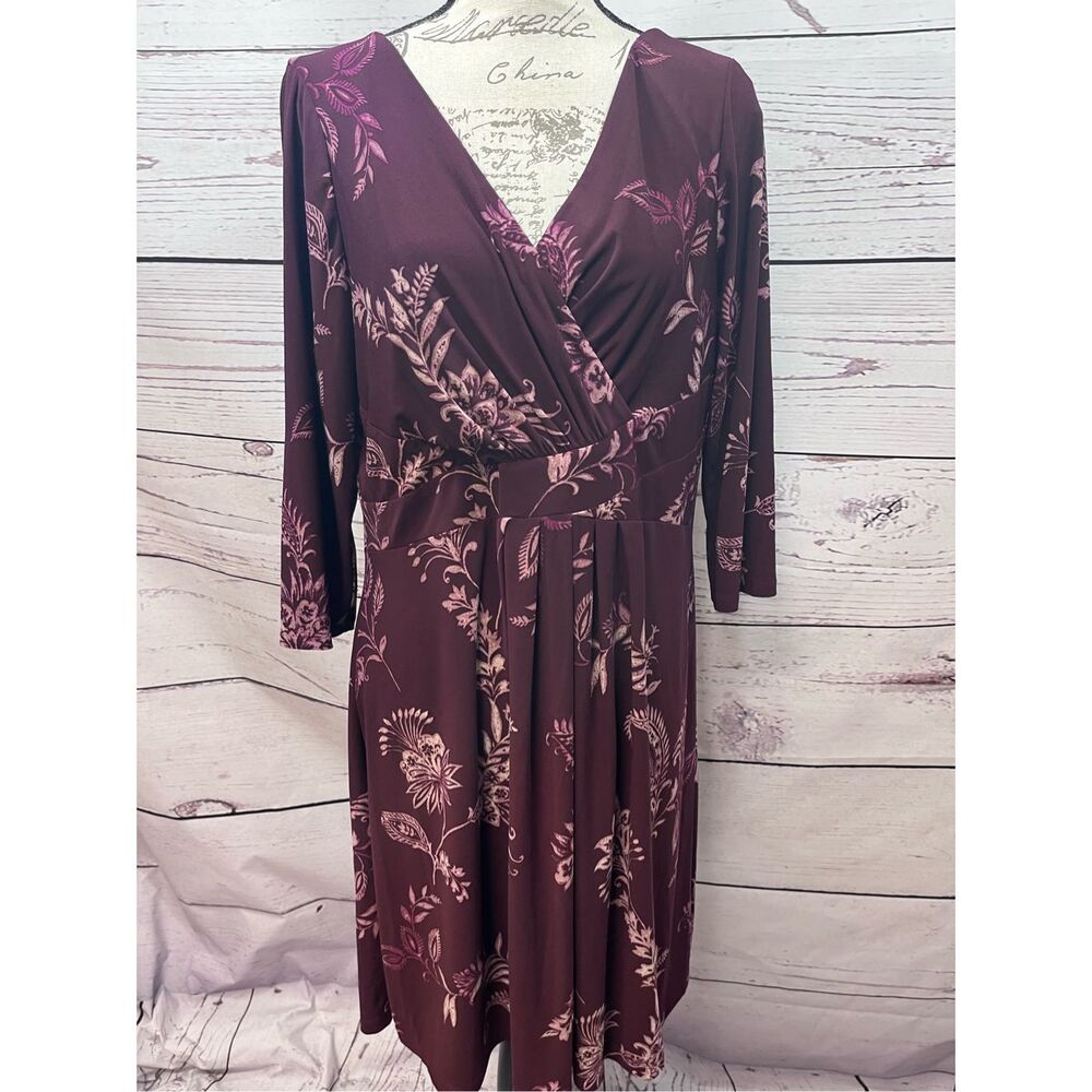 Chaps Womens Burgundy‎ Floral Print Faux Wrap Midi Dress XL TG EG